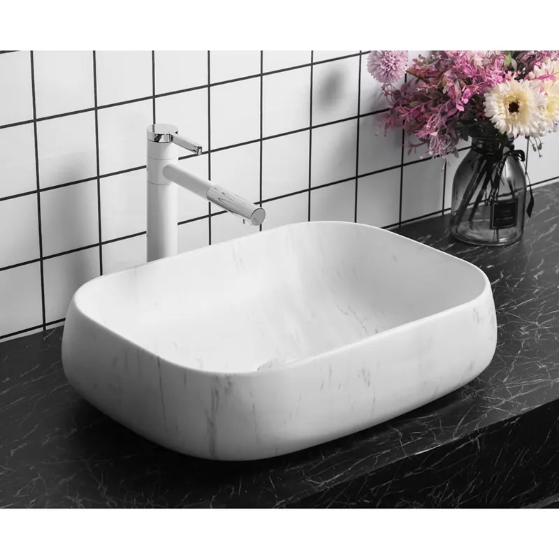 Раковина накладная Ceruttispa CR0086 MMW1 прямоугольная, под белый мрамор, 56,5х40х14,5 см