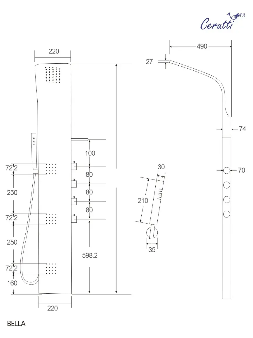 Душевая панель Cerutti SPA BELLA с гидромассажем, цвет хром, 150х22 см