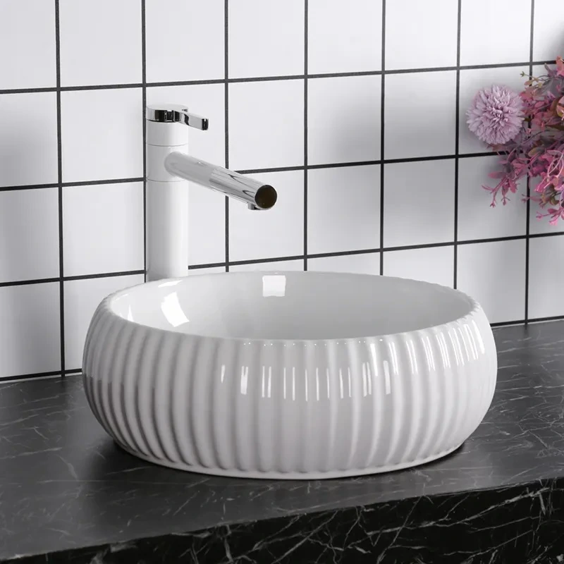 Раковина накладная Ceruttispa CR0007 круглая ребристая, белая, 40,5х40,5х13 см