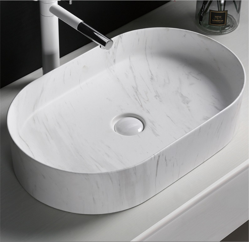 Раковина накладная Ceruttispa CR0055B MMW1 мрамор белый матовый, овальная, 50х35х12 см