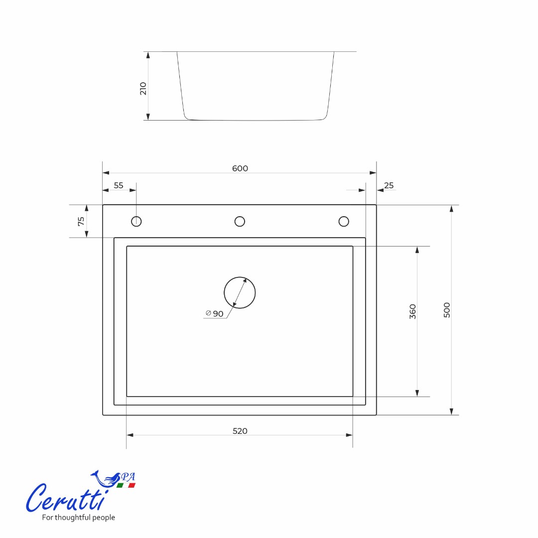 Мойка кухонная GLORIA60B nano black (графит) из нержавеющей стали, 60х50х22 см