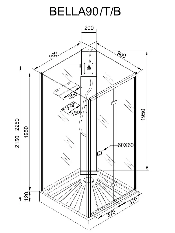 Душевая кабина Ceruttispa Bella 90B тропический душ, угловая, черный профиль