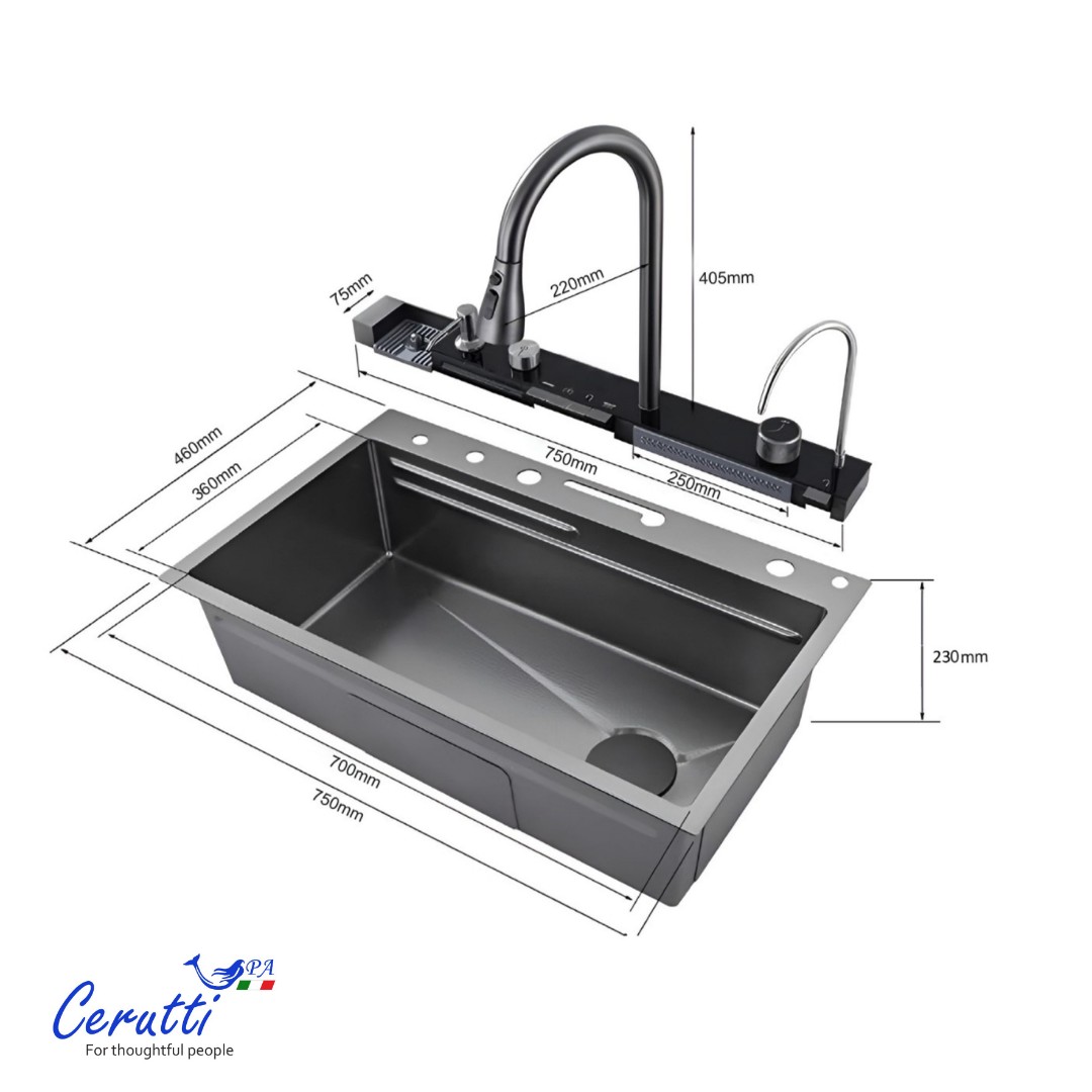 Многофункциональная кухонная мойка CeruttiSpa ГЛОРИЯ (GLORIA) Pro nano black (графит) (750х460х230)