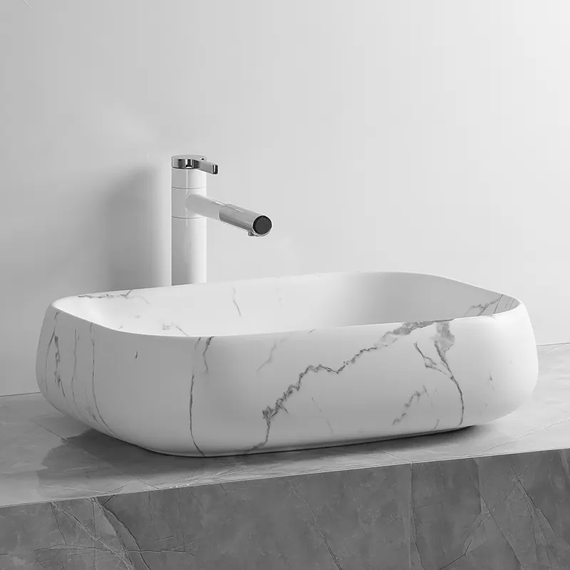 Раковина накладная Ceruttispa CR0086 MMW2 прямоугольная, под белый мрамор, 56,5х40х14,5 см