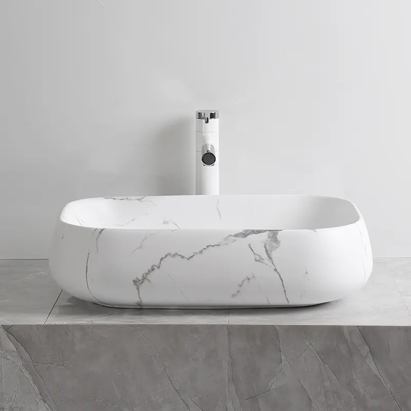 Раковина накладная Ceruttispa CR0086 MMW2 прямоугольная, под белый мрамор, 56,5х40х14,5 см