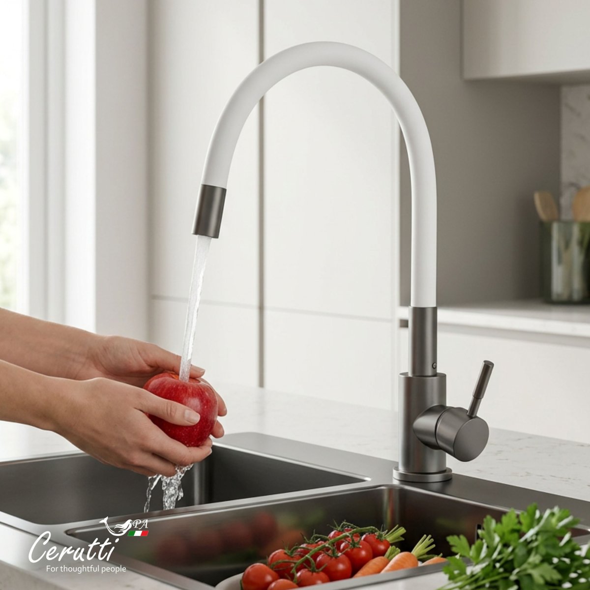 Смеситель для кухни Ceruttispa АТЭНА GG-W (ATENA GG-W) из нержавеющей стали, цвет графит, излив гибкий белый