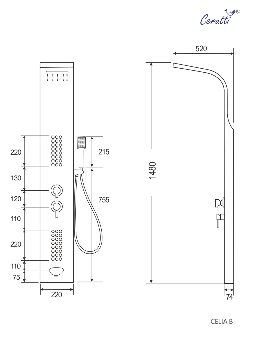 Душевая панель CeruttiSpa CELIA G с гидромассажем, цвет золото, 150х22 см