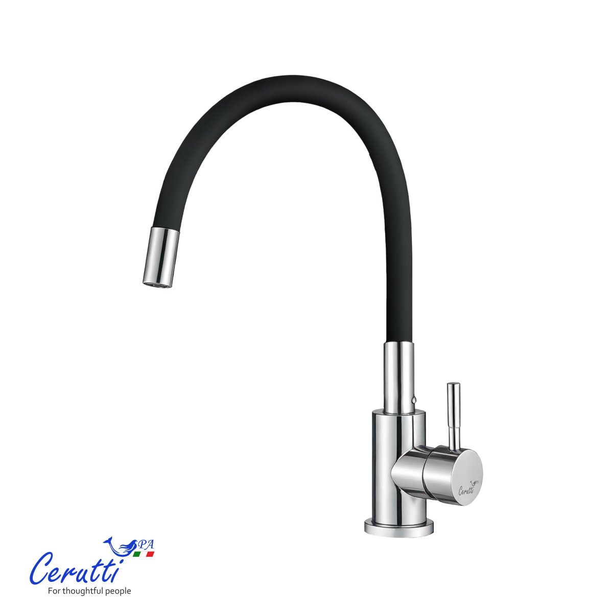 Смеситель для кухни Ceruttispa АТЭНА H-B (ATENA H-B) из нержавеющей стали, цвет хром, излив гибкий черный