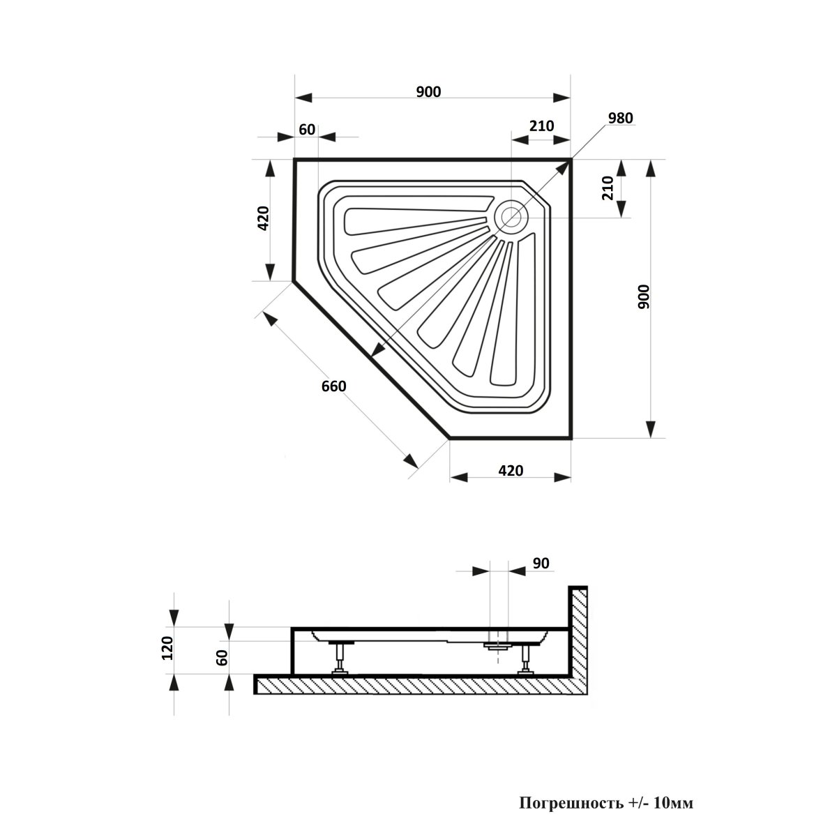 Душевой поддон пентагональный CeruttiSPA P91 белый 90х90х12 см