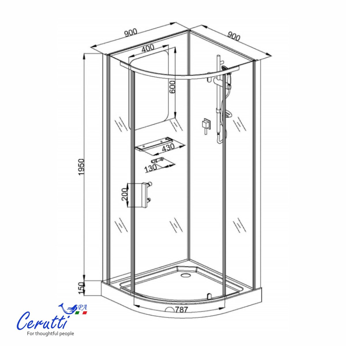 Душевая кабина Cerutti SPA КОРРА (KORRA) 90BF (90x90x205) угловая, без крыши, матовое стекло, черный профиль, 12018