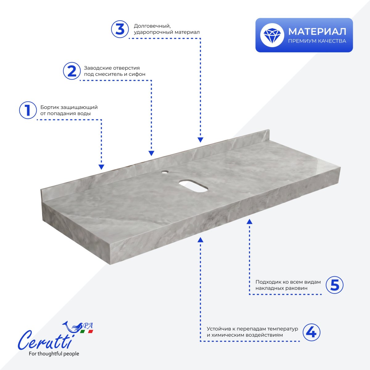 Столешница Ceruttispa Ceruttispa МИМИ (MiMi) 90GM цвет серый мрамор с черными полотенцедержателями