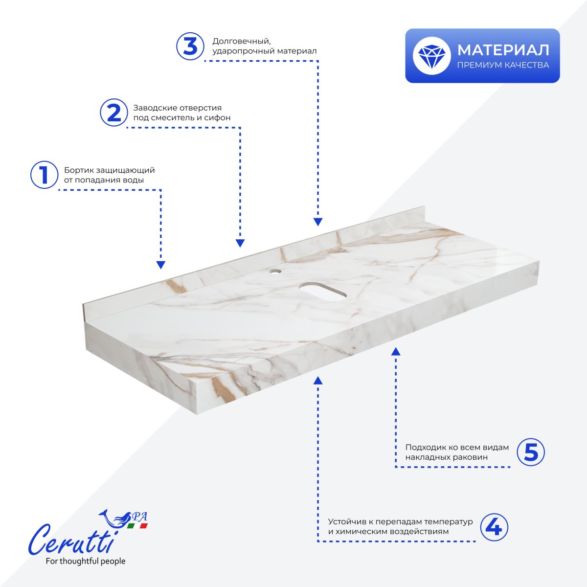 Столешница Ceruttispa ЧИКА (CHIKA) 90CG цвет мрамор калакатта золотой с белыми полотенцедержателями