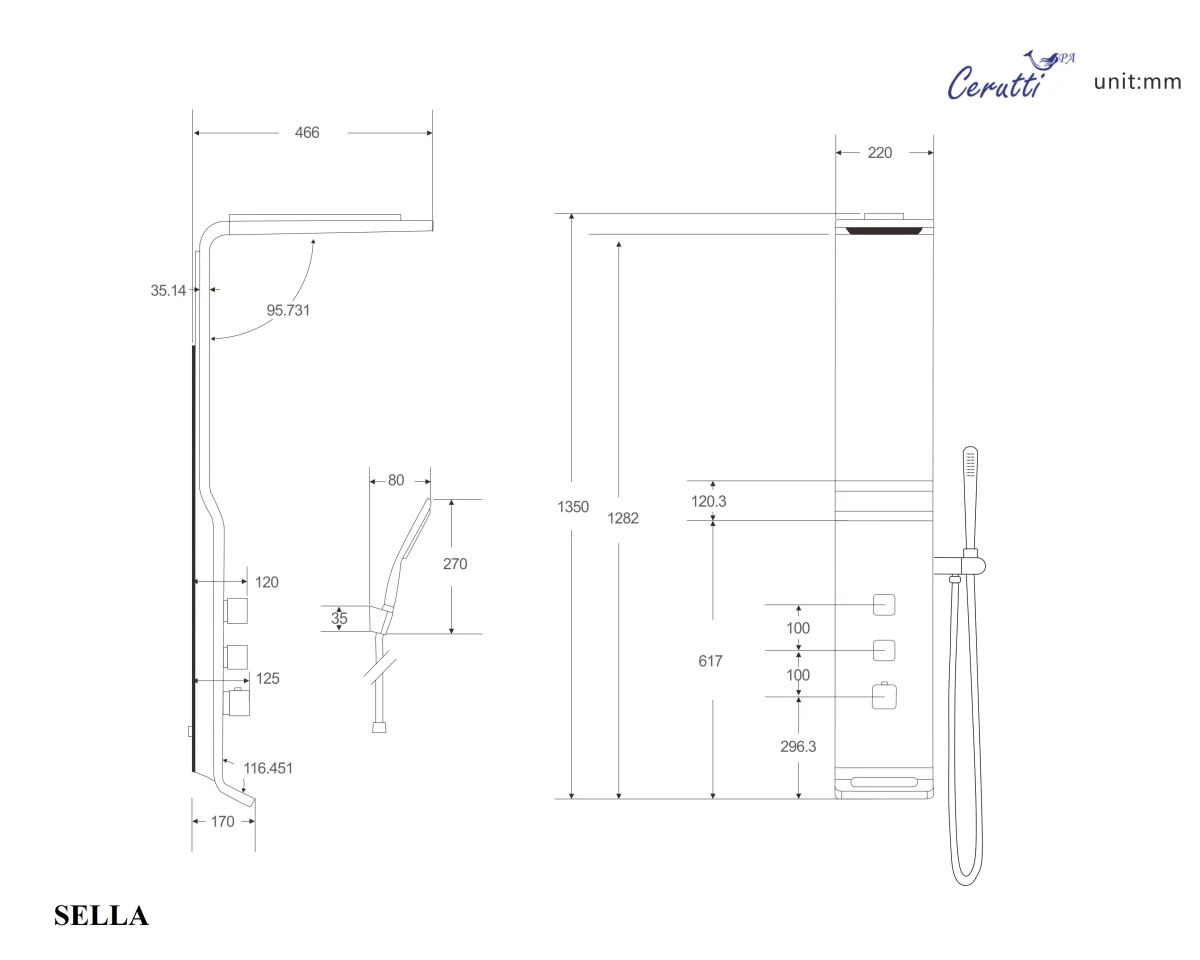 Душевая панель Cerutti SPA SELLA S CT8990, без гидромассажа, цвет серебро, 135х35 см