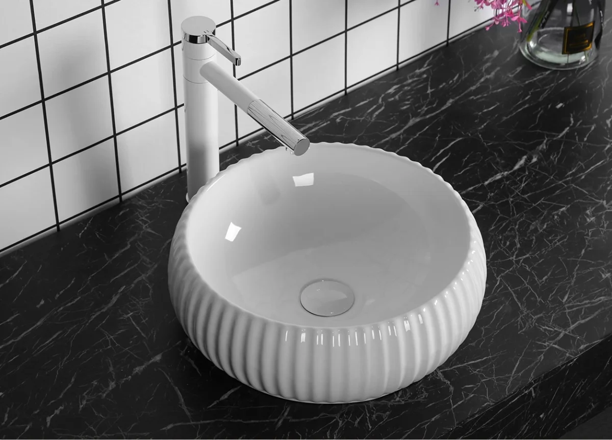 Раковина накладная Ceruttispa CR0007 круглая ребристая, белая, 40,5х40,5х13 см