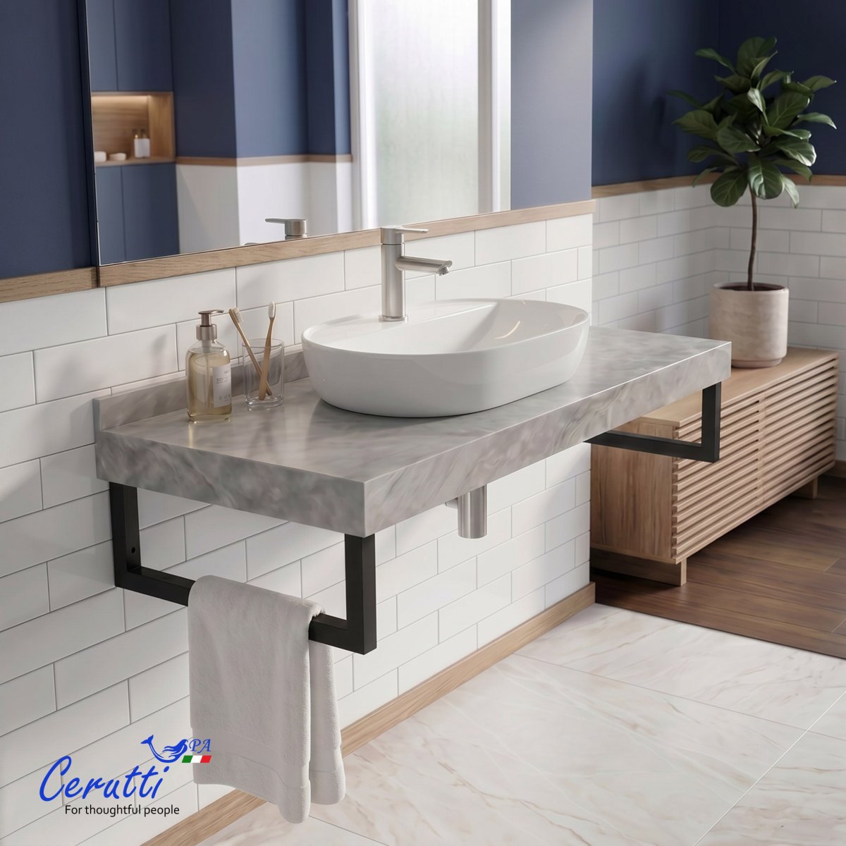 Столешница Ceruttispa Ceruttispa МИМИ (MiMi) 100GM цвет серый мрамор с черными полотенцедержателями