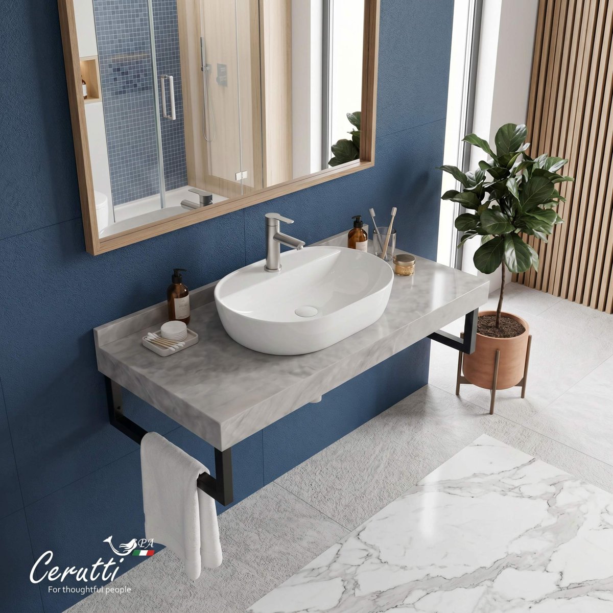 Столешница Ceruttispa Ceruttispa МИМИ (MiMi) 100GM цвет серый мрамор с черными полотенцедержателями