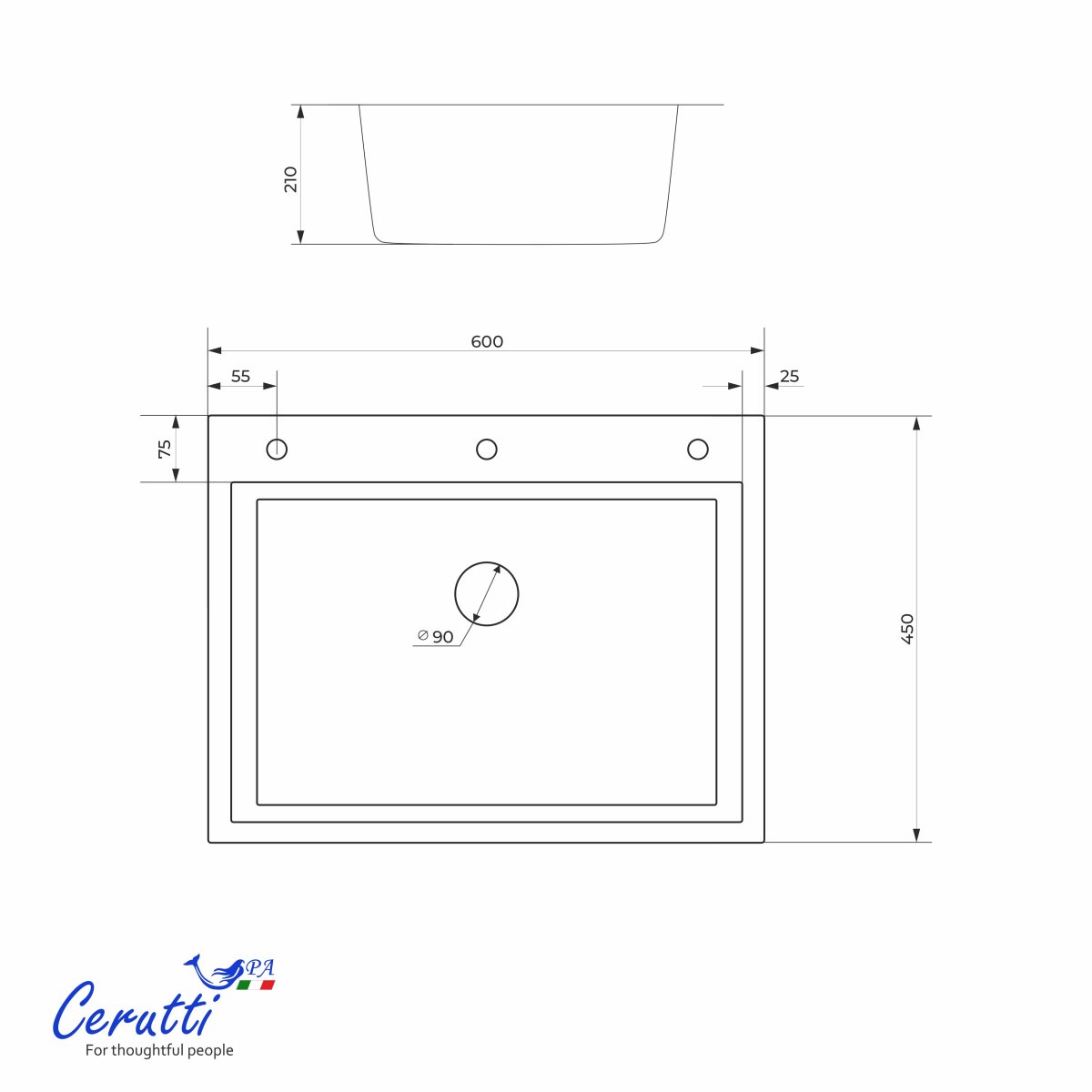Мойка кухонная Ceruttispa ГЛОРИЯ (GLORIA) 6045B nano black (графит) из нержавеющей стали (600х450х220)