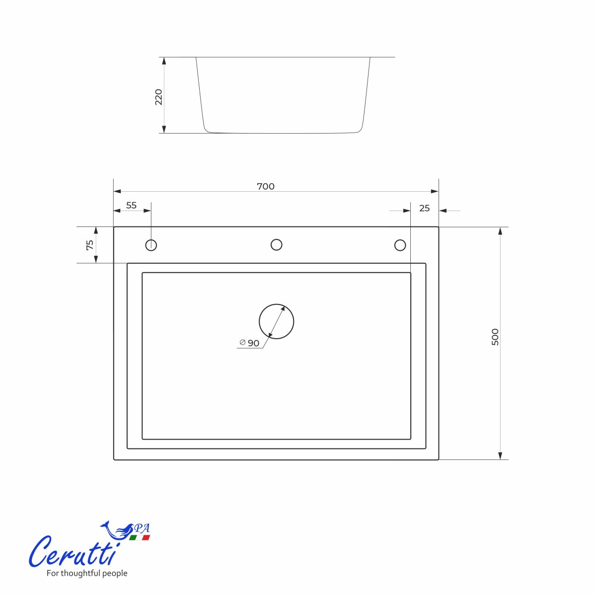 Мойка кухонная Ceruttispa ГЛОРИЯ (GLORIA) 7050B nano black (графит) из нержавеющей стали, 70х50х22 см