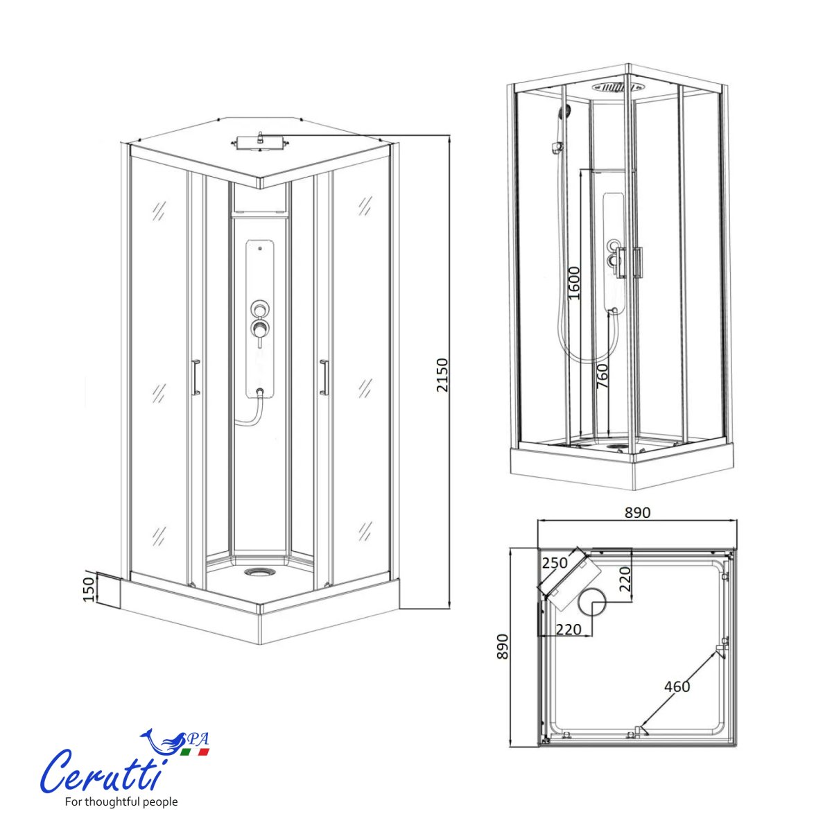 Душевая кабина Cerutti SPA Ceruttispa АМИ (AMI) Quadro GG (90х90х215), тропический душ, угловая, с крышей