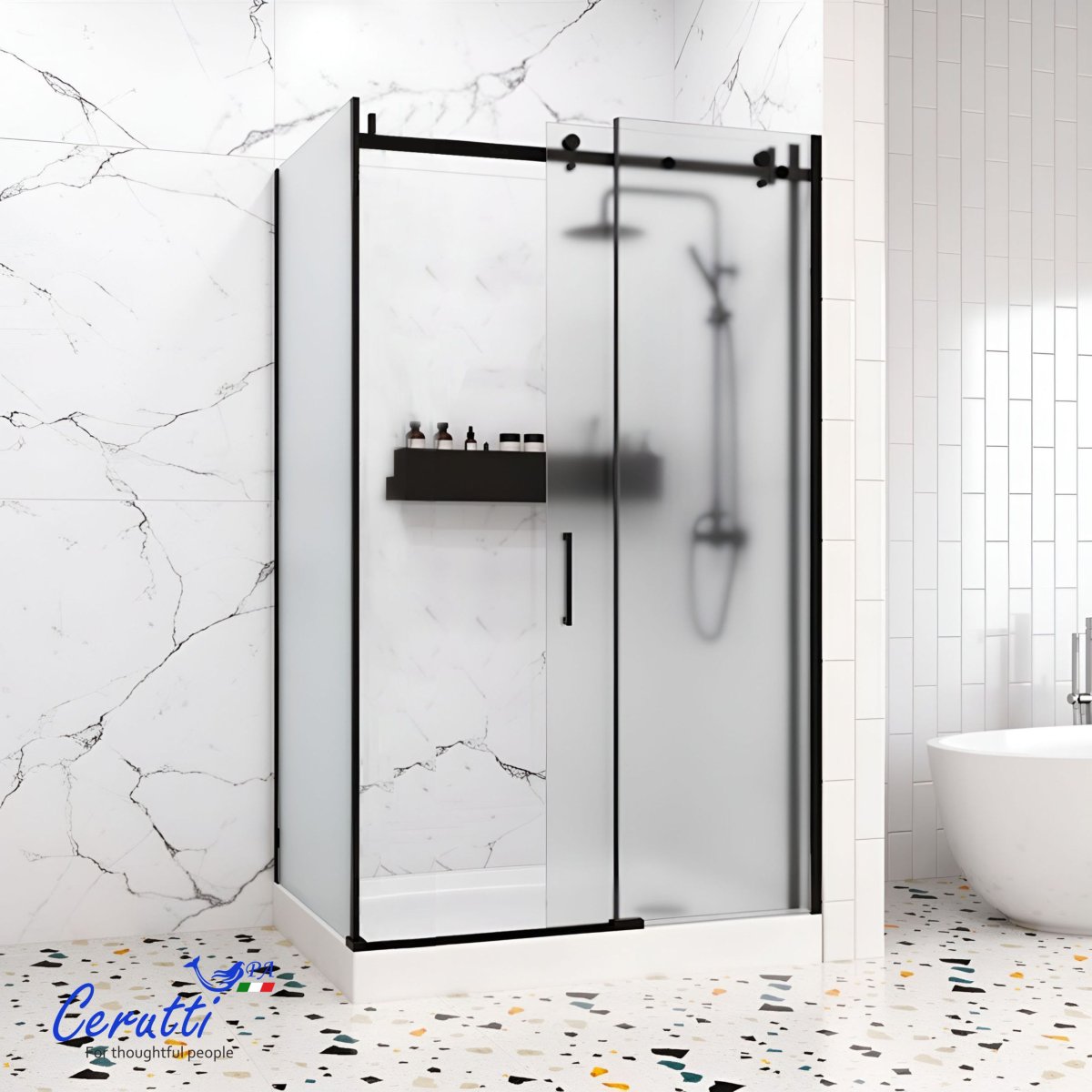 Душевое ограждение CeruttiSPA ЧЕЗАС (CEZA’S) 120BF R (120x90x195), матовое стекло, черный профиль, без поддона