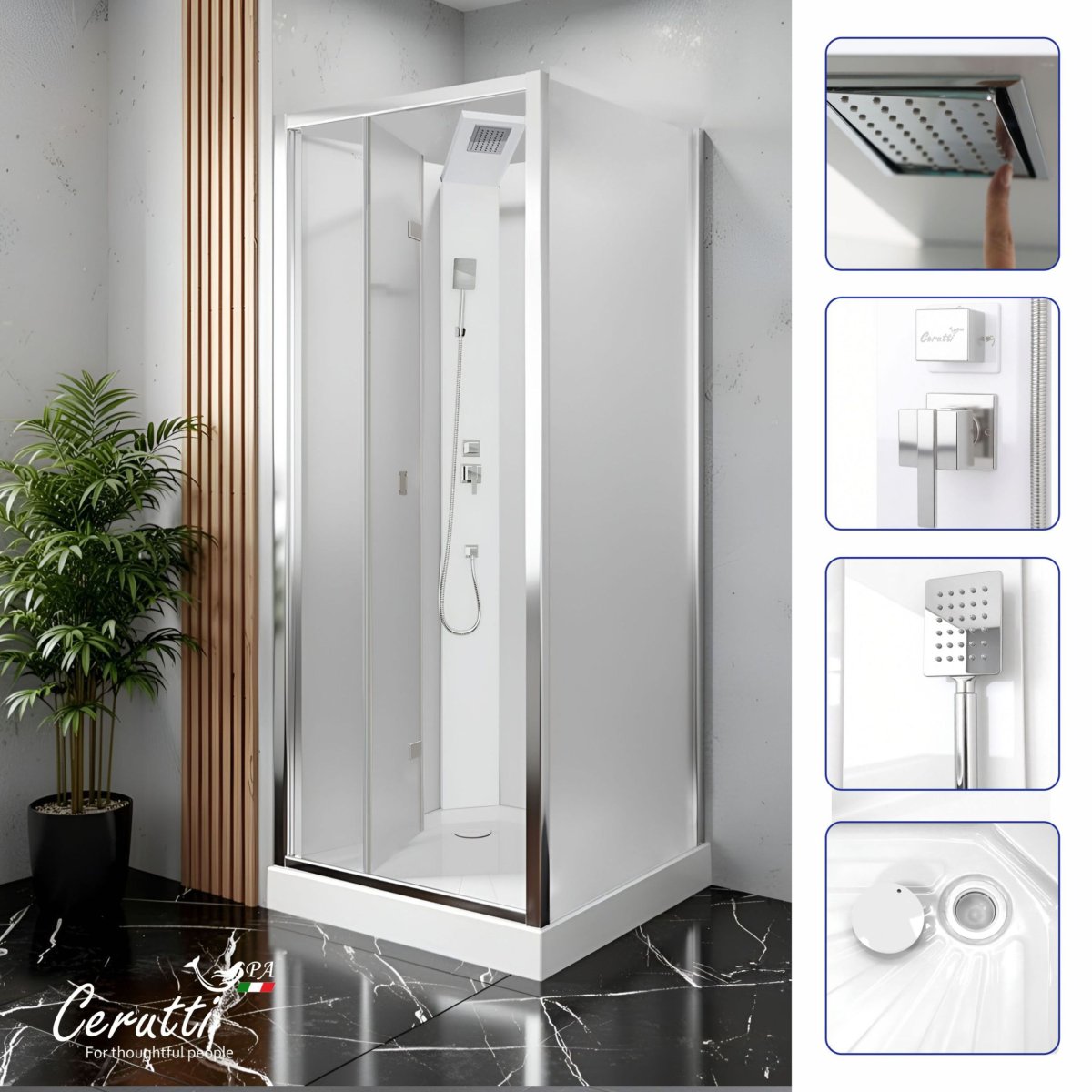 Душевая кабина Ceruttispa БЕЛЛА (BELLA) 90F (90x90x215-225) тропический душ, угловая, без крыши