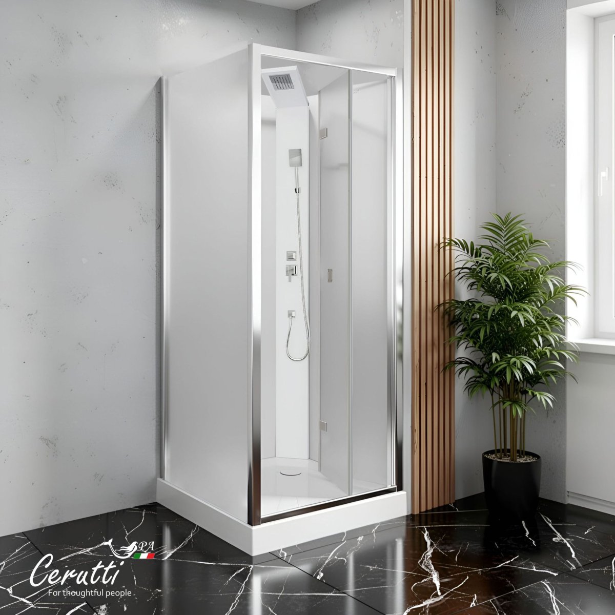 Душевая кабина Ceruttispa БЕЛЛА (BELLA) 90F (90x90x215-225) тропический душ, угловая, без крыши