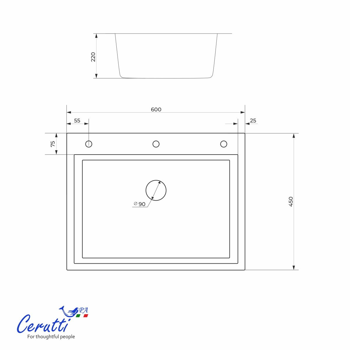 Мойка кухонная Ceruttispa ГЛОРИЯ (GLORIA) 6045 nano embos (матовый хром) из нержавеющей стали (600х450х220)