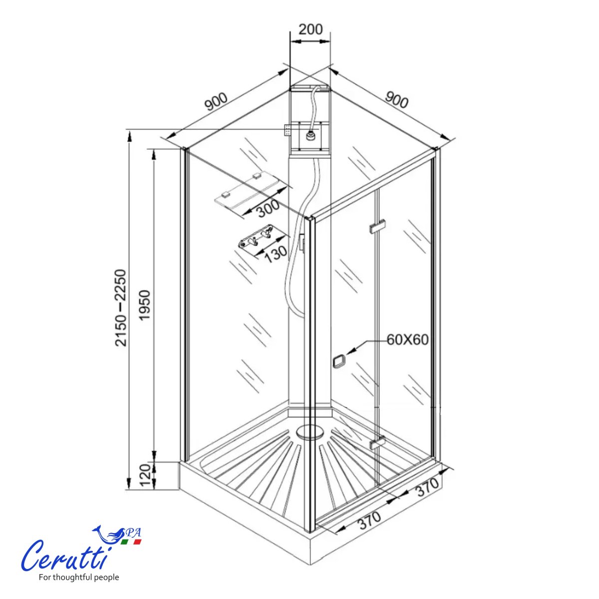 Душевая кабина Cerutti SPA Ceruttispa БЕЛЛА (BELLA) 90GG (90x90x215-225), тропический душ, угловая, без крыши