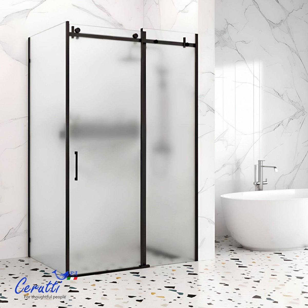 Душевое ограждение CeruttiSPA ЧЕЗАС (CEZA’S) 120BF R (120x90x195), матовое стекло, черный профиль, без поддона