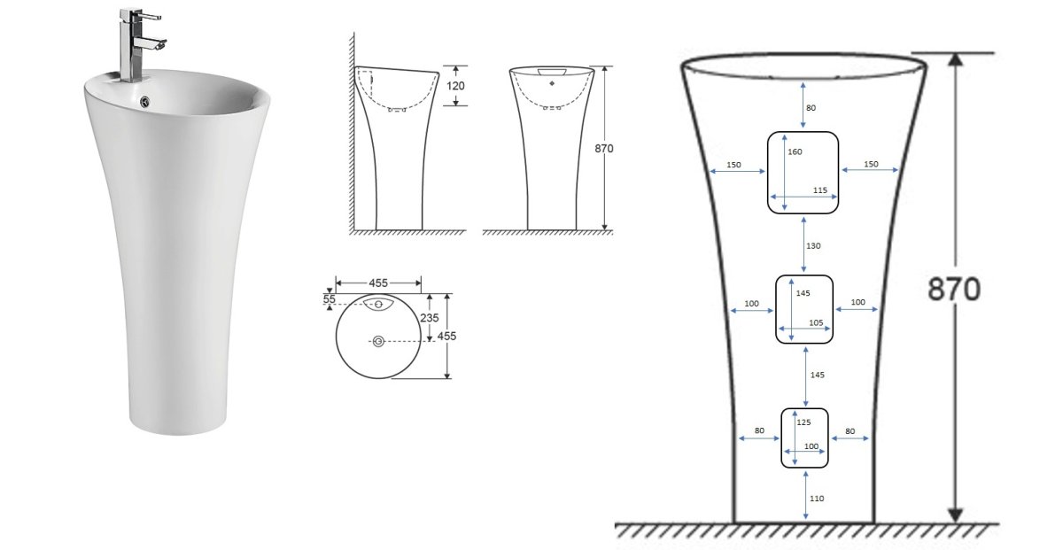Раковина напольная CeruttiSPA Adelina белая, литая с пьедесталом 45х45х88 см