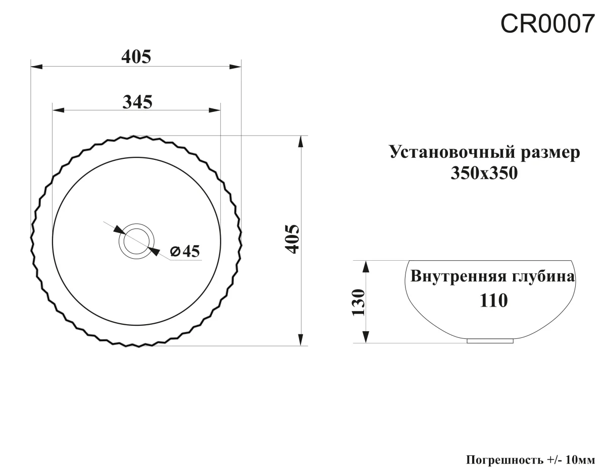 Раковина накладная Ceruttispa CR0007 круглая ребристая, белая, 40,5х40,5х13 см