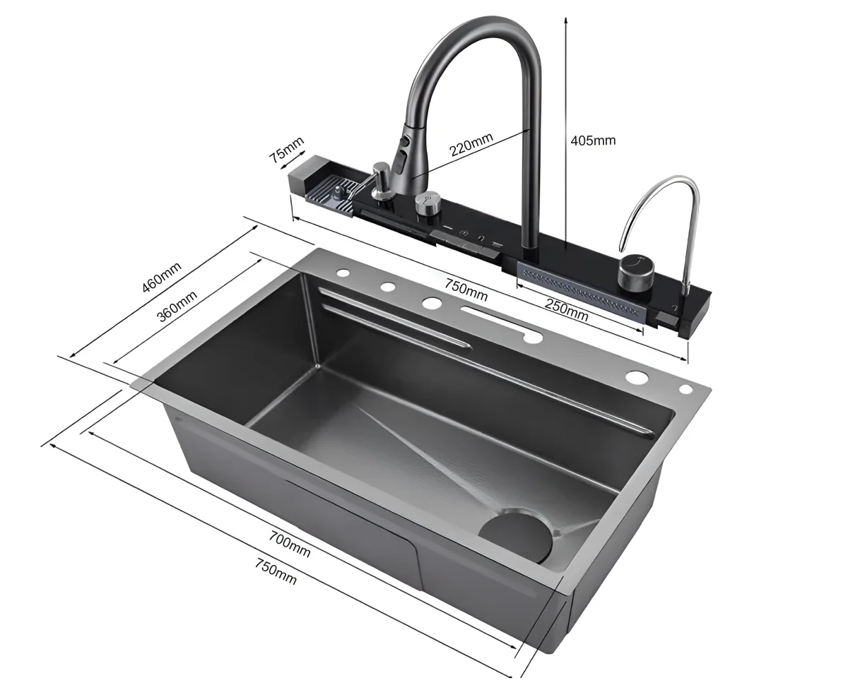 Многофункциональная кухонная мойка CeruttiSpa GLORIA II nano black (серая) из нержавеющей стали (750х460х230)