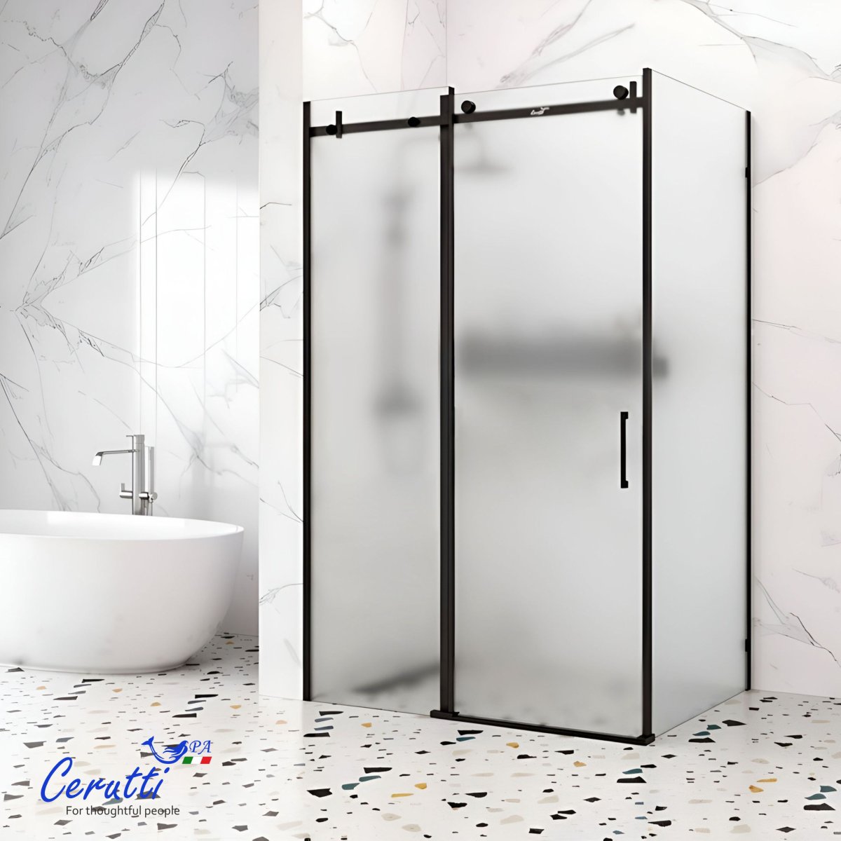 Душевое ограждение CeruttiSPA ЧЕЗАС (CEZA’S) 120BF L (120x90x195), матовое стекло, черный профиль, без поддона