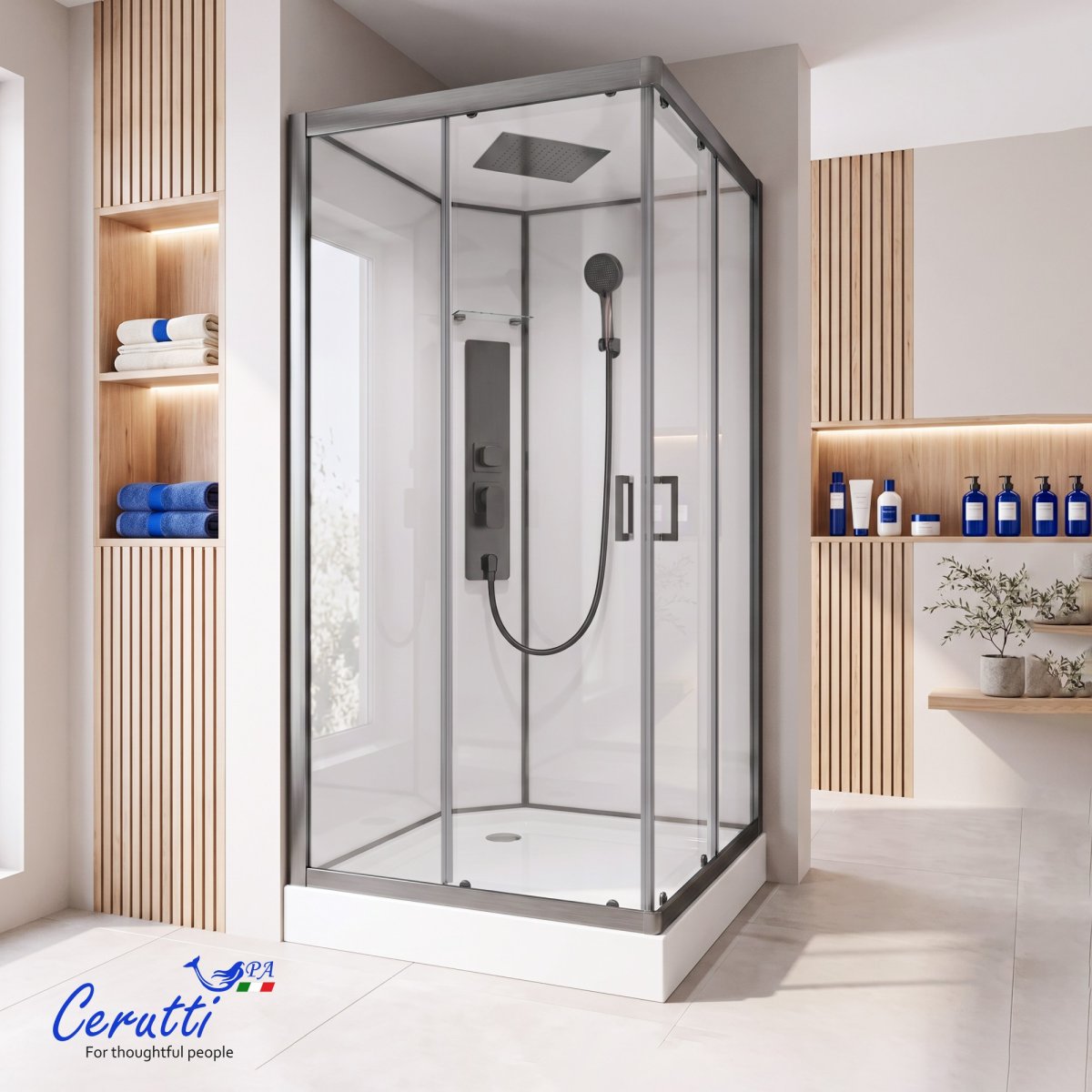 Душевая кабина Cerutti SPA Ceruttispa АМИ (AMI) Quadro GG (90х90х215), тропический душ, угловая, с крышей