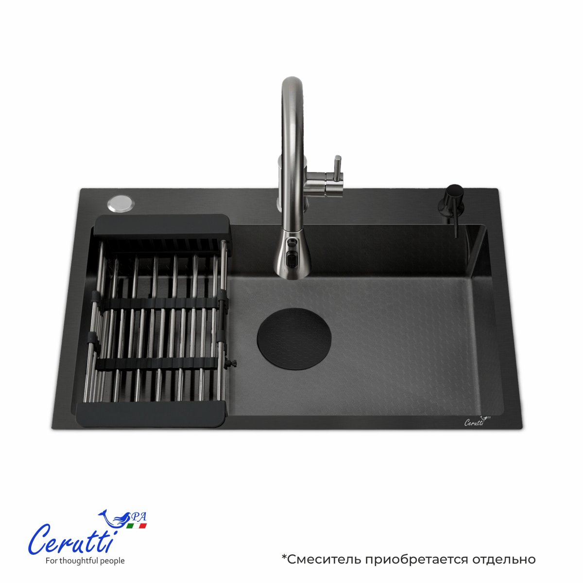 Мойка кухонная Ceruttispa ГЛОРИЯ (GLORIA) 7050B nano black (графит) из нержавеющей стали, 70х50х22 см