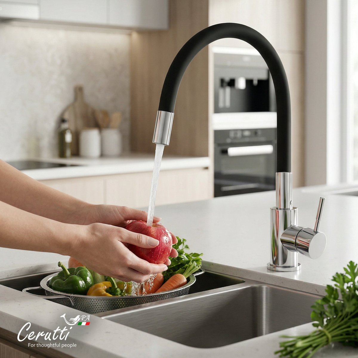 Смеситель для кухни Ceruttispa АТЭНА H-B (ATENA H-B) из нержавеющей стали, цвет хром, излив гибкий черный