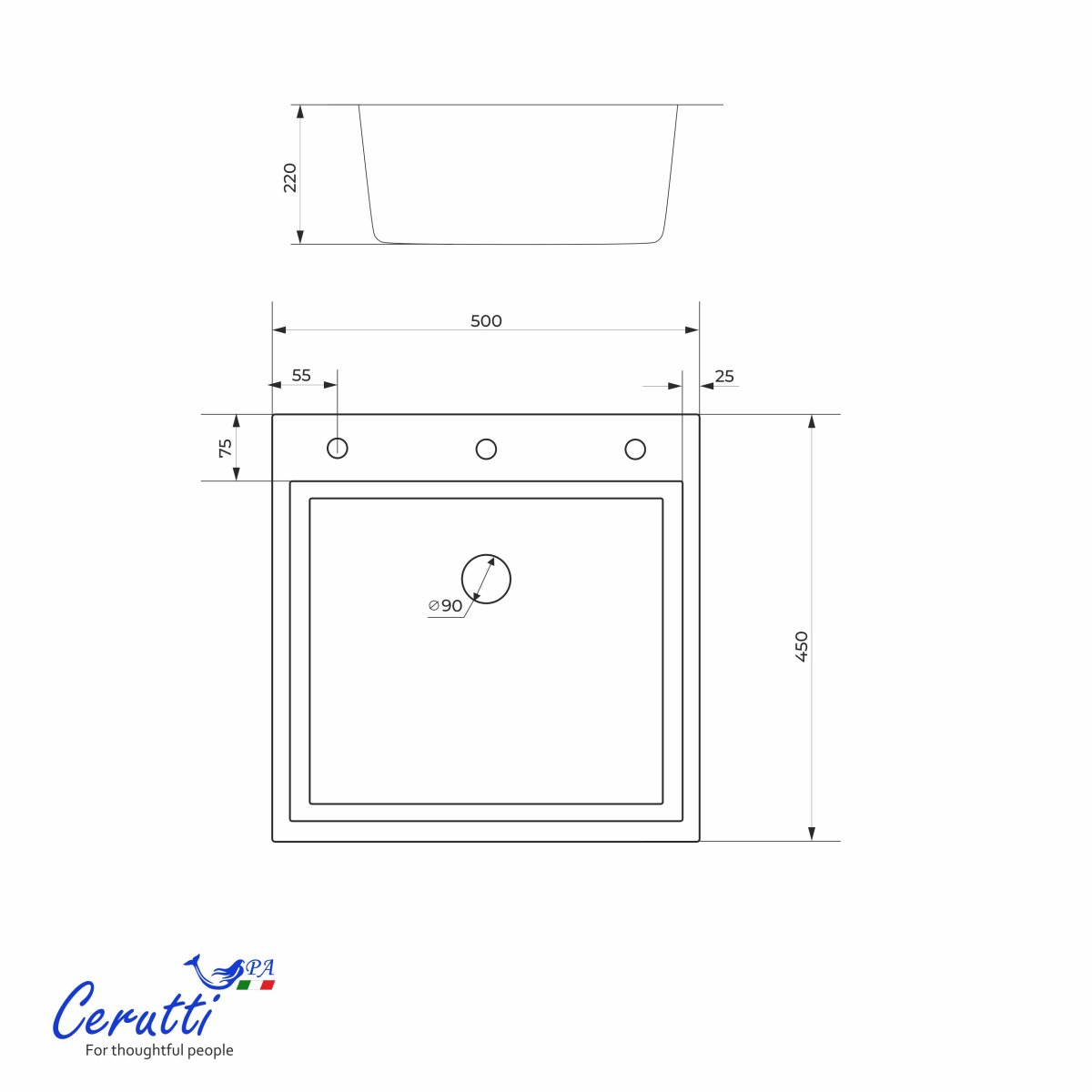 Мойка кухонная Ceruttispa ГЛОРИЯ (GLORIA) 5045B nano black (графит) из нержавеющей стали (500х450х220)