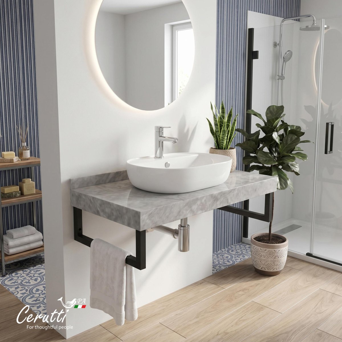 Столешница Ceruttispa Ceruttispa МИМИ (MiMi) 100GM цвет серый мрамор с черными полотенцедержателями