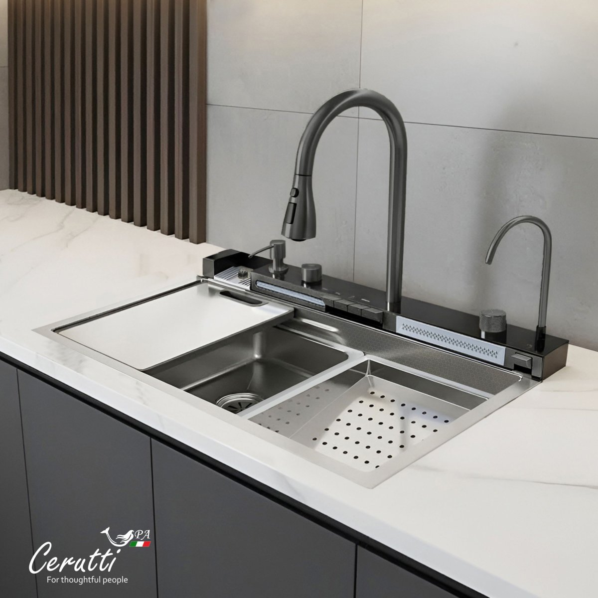 Многофункциональная кухонная мойка Ceruttispa ГЛОРИЯ (GLORIA) Nano Embos (матовый хром) из нержавеющей стали (750х460х230), 11888